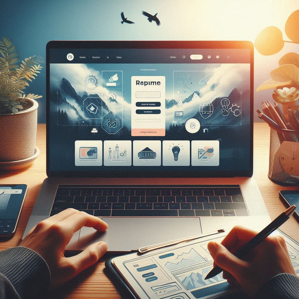 A laptop showing a modern website interface, showcasing website building tools